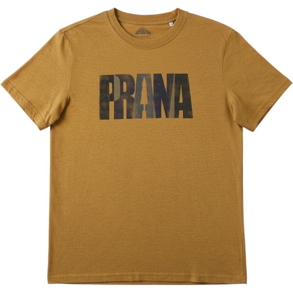 Prana Lock Tee Shirt Men Medium Yellow Crew Neck Graphic Hiking Outdoors Gorpore